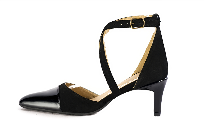 Satin black women's open side shoes, with crossed straps. Tapered toe. Medium comma heels. Profile view - Florence KOOIJMAN